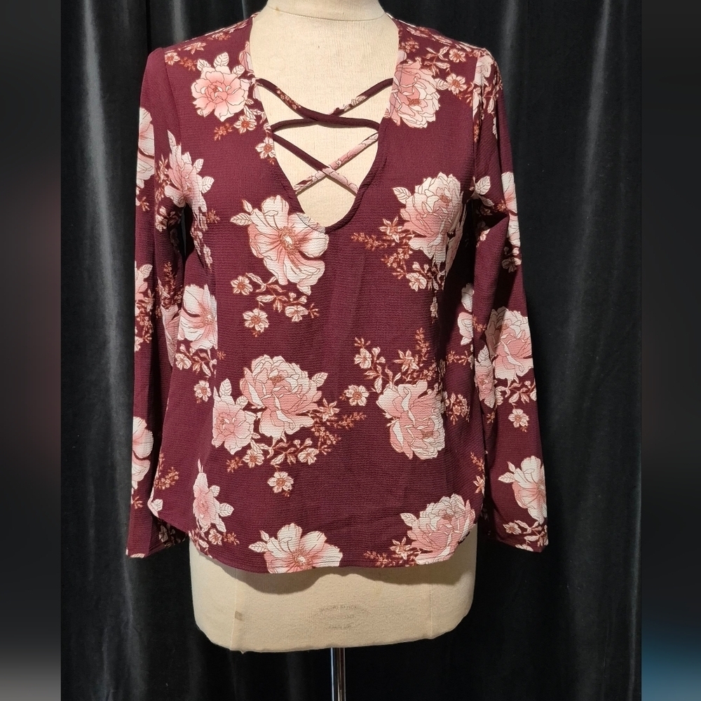 Forever 21 Burgundy Floral Crisscross Blouse (Box A)